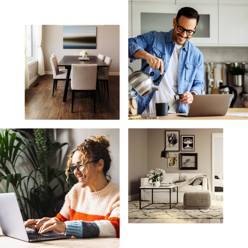 4 images: spacious dining room, furnished apartment living room, woman on her laptop in her new apartment, man pouring coffee in the kitchen of his new home