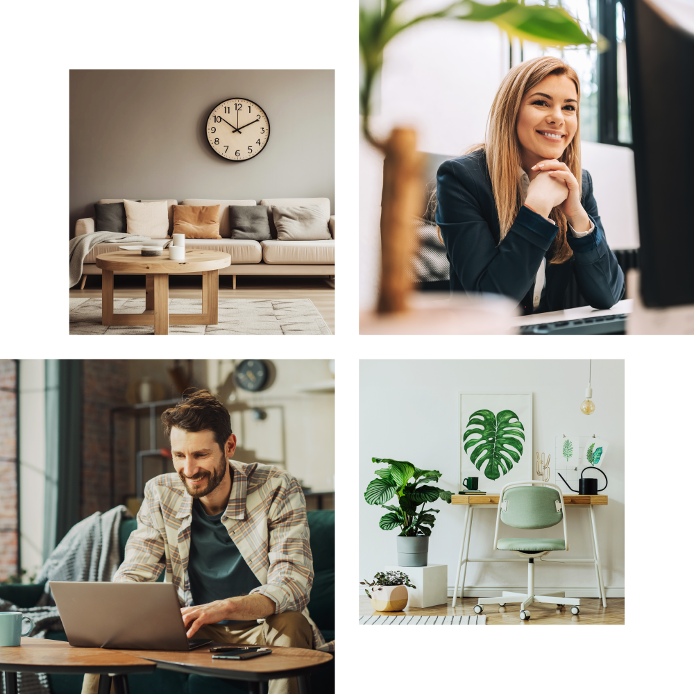 cozy apartment living room, tidy home office, man in apartment living room on his laptop, helpful real estate agent