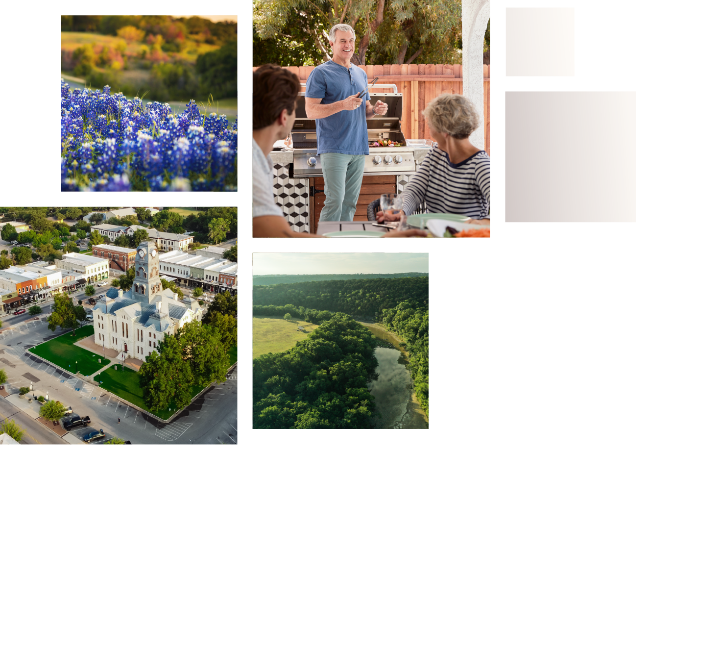 4 images: man grilling at his new home talking to friends and family, birds-eye view of the Stephenville town hall, bluebonnets in a field, picture of an open field