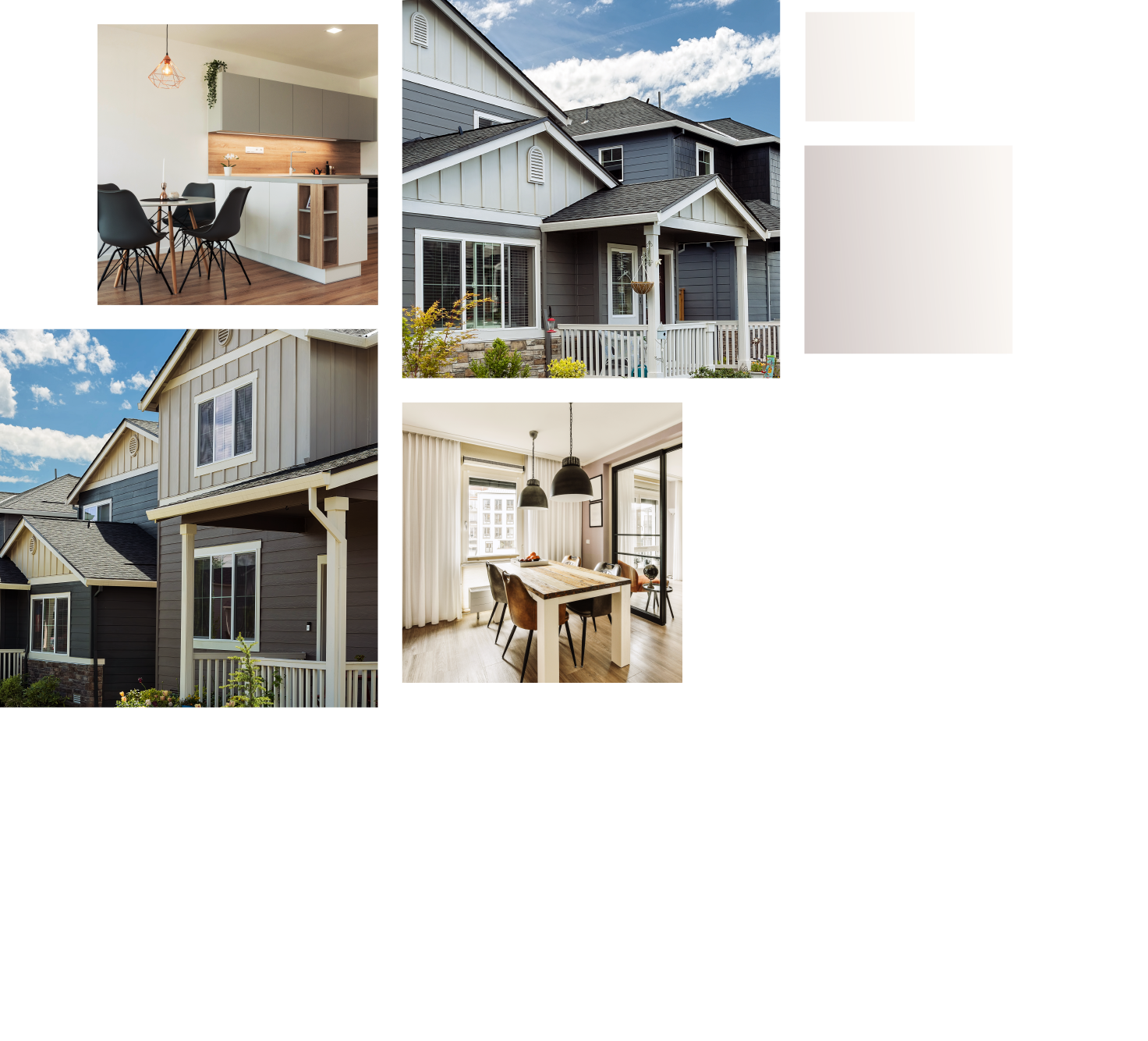 4 images: an open concept kitchen and living room, new townhomes, a newly built house, a living room with natural light and a large window