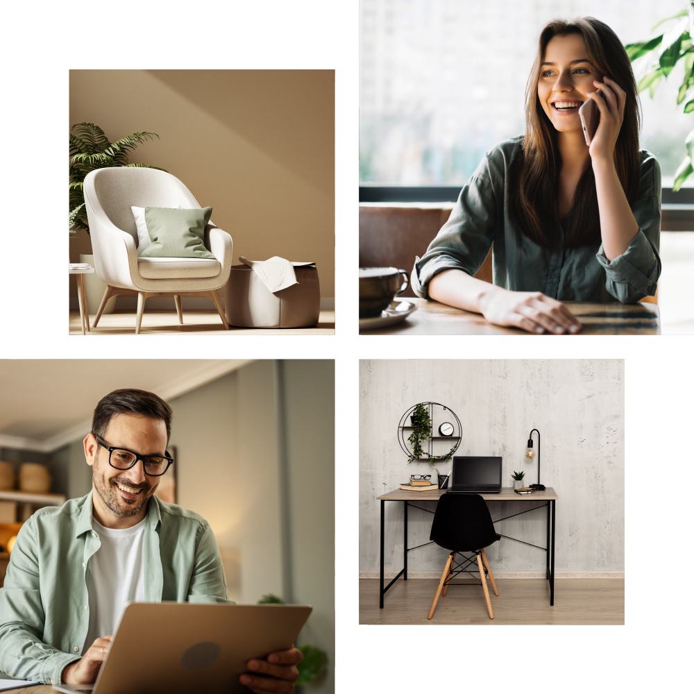 4 images: a comfortable living room, an organized home office, a man working in his home office, a leasing agent on the phone