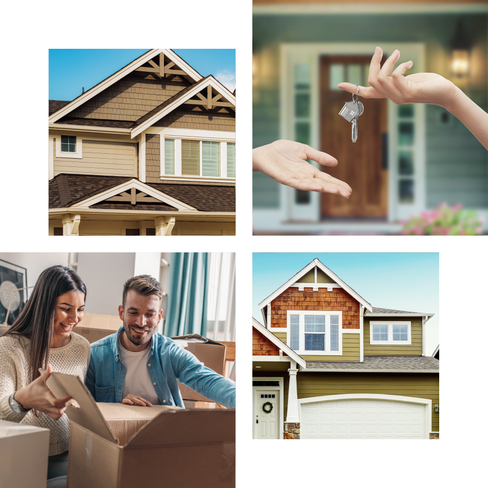 4 images: a new townhome, a realtor handing the keys to the new tenant, happy couple moving into their new apartment, another new townhome