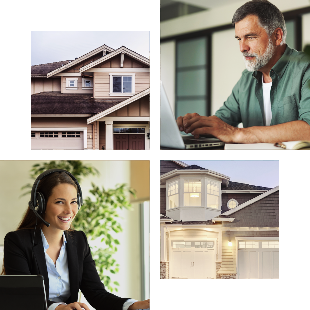 four images: a man proud of his investment returns, a real estate agent on the phone, a managed rental property, another investment property