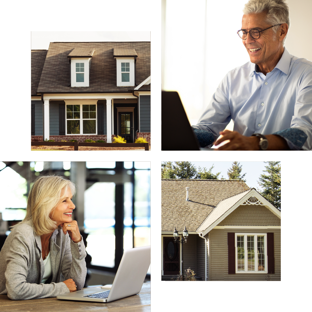 4 images: a rental property, a man happy with the returns on his investment property, a smiling real estate investor, an investment rental property